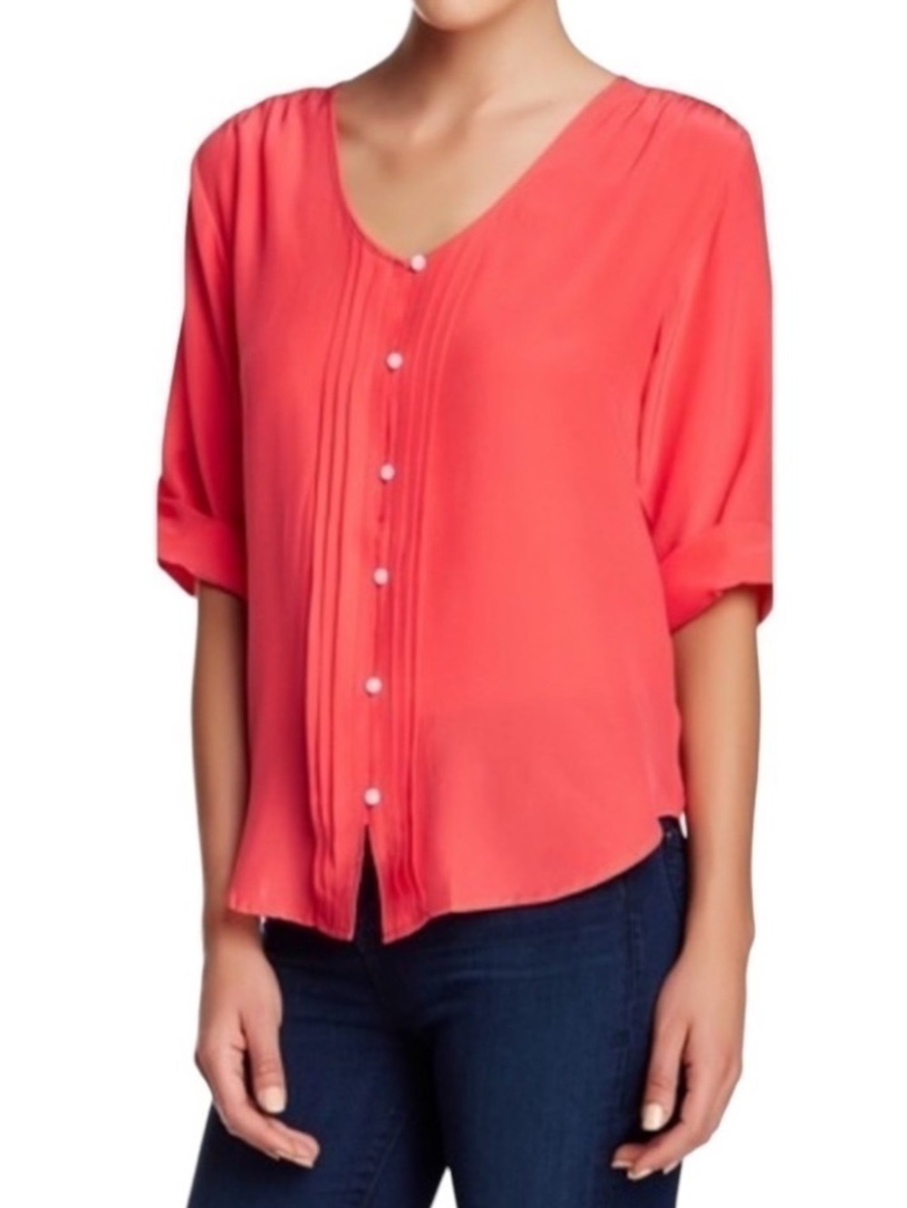Yumi Kim Lizzie Stylish Pink V-Neck Pin-tuck Button Front timeless
Silk Blouse
